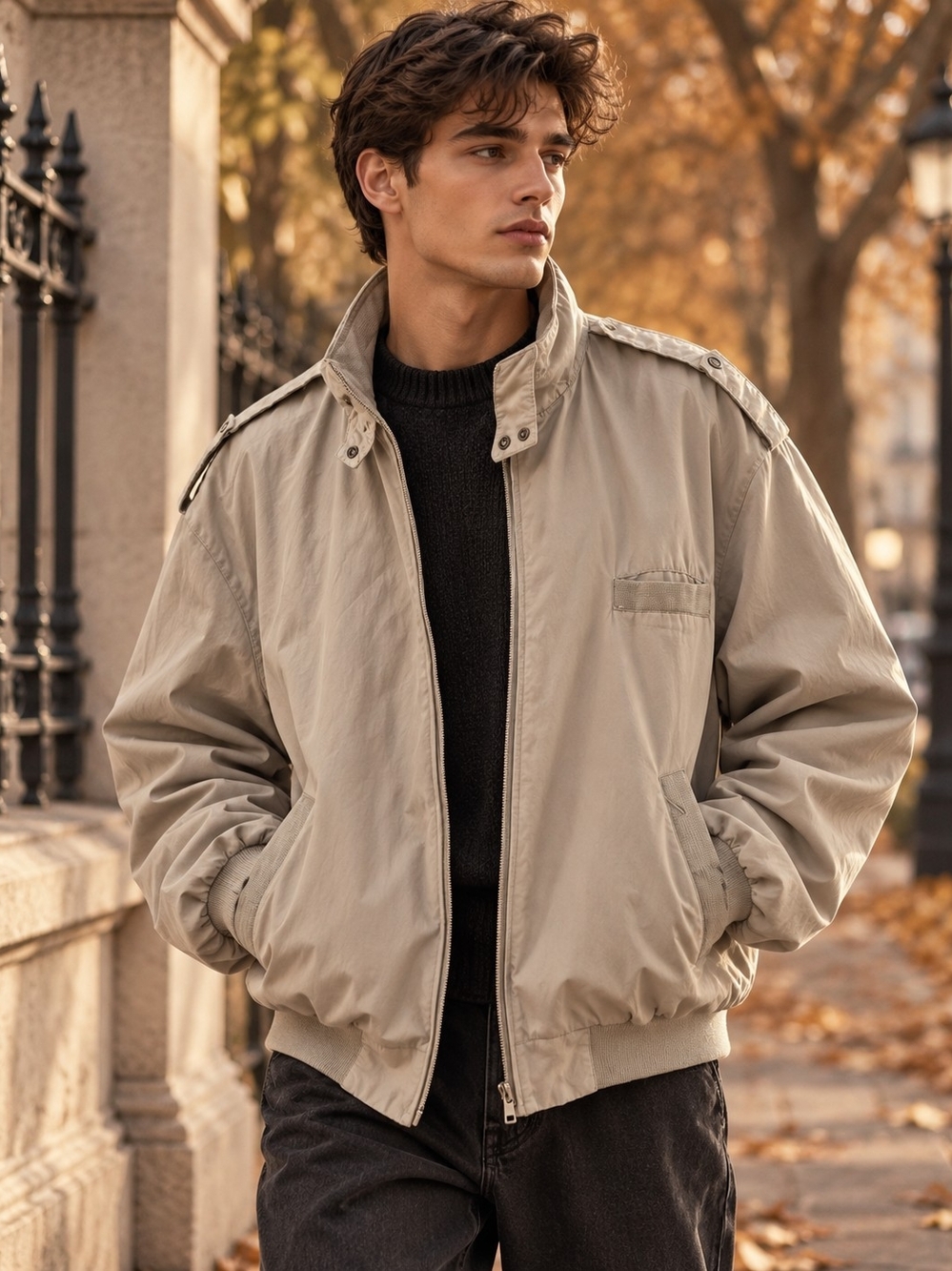 Members Only lightweight beige bomber jacket, tagged size 46.